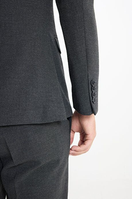 Slim Fit Slim Fit Mono Collar Seersucker Patterned Anthracite Suit with Flap Pockets ACE302510117ATR