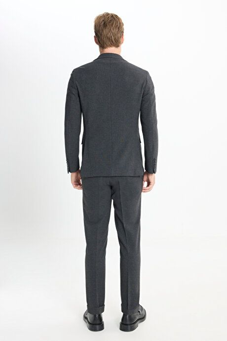 Slim Fit Slim Fit Mono Collar Seersucker Patterned Anthracite Suit with Flap Pockets ACE302510117ATR