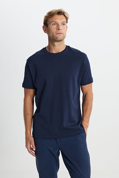 100% Cotton Modern Fit Regular Fit Crew Neck Navy Blue T-Shirt ACE482510267LAC