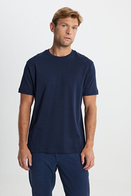 100% Cotton Modern Fit Regular Fit Crew Neck Navy Blue T-Shirt ACE482510267LAC