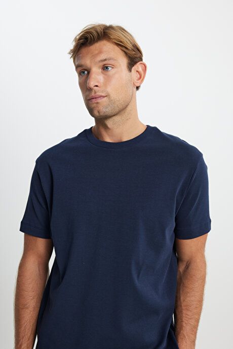 100% Cotton Modern Fit Regular Fit Crew Neck Navy Blue T-Shirt ACE482510267LAC