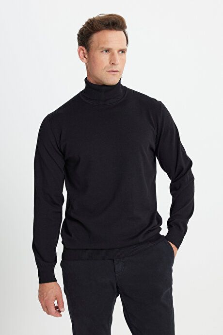 Cotton Standard Fit Regular Fit Full Turtleneck Basic Sweater Black Pullover ACE49252510015SYH