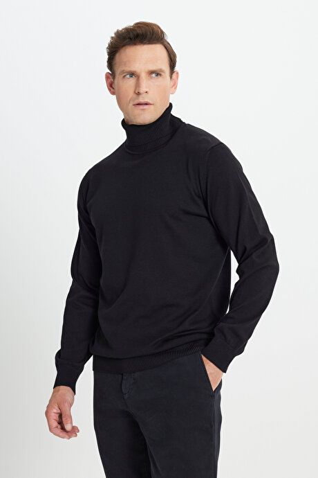 Cotton Standard Fit Regular Fit Full Turtleneck Basic Sweater Black Pullover ACE49252510015SYH