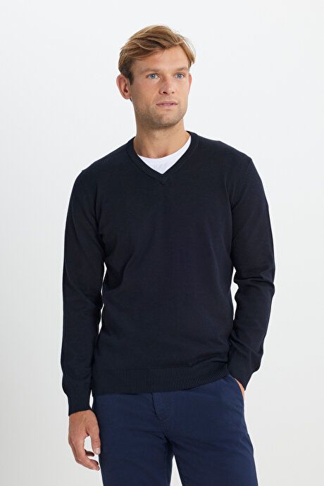 Cotton Standard Fit Regular Fit V-Neck Basic Sweater Navy Blue Pullover ACE49252510016LAC