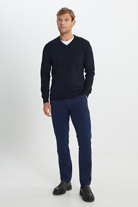 Cotton Standard Fit Regular Fit V-Neck Basic Sweater Navy Blue Pullover ACE49252510016LAC