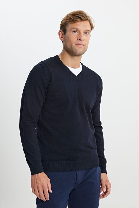 Cotton Standard Fit Regular Fit V-Neck Basic Sweater Navy Blue Pullover ACE49252510016LAC