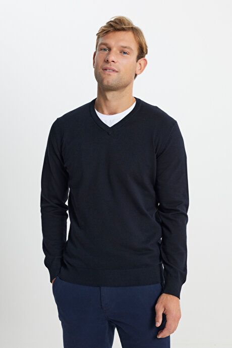 Cotton Standard Fit Regular Fit V-Neck Basic Sweater Navy Blue Pullover ACE49252510016LAC