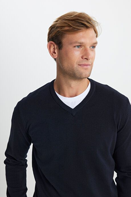 Cotton Standard Fit Regular Fit V-Neck Basic Sweater Navy Blue Pullover ACE49252510016LAC