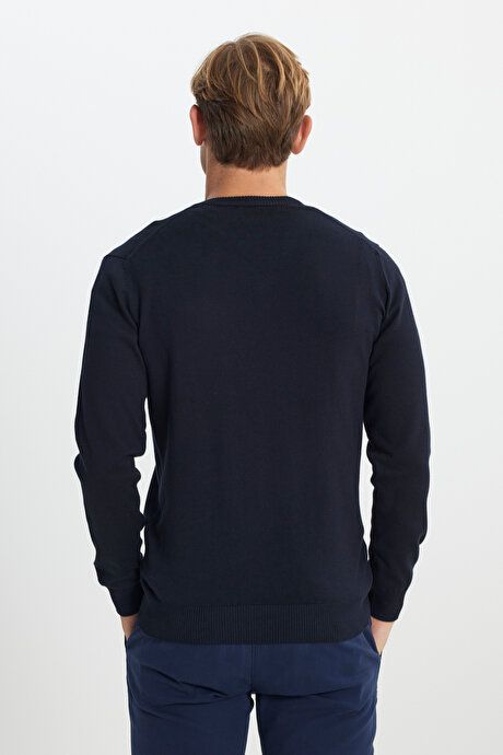 Cotton Standard Fit Regular Fit V-Neck Basic Sweater Navy Blue Pullover ACE49252510016LAC