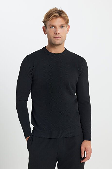 Standard Fit Regular Fit Crew Neck Jacquard Sweater Black Pullover ACE49252510081SYH