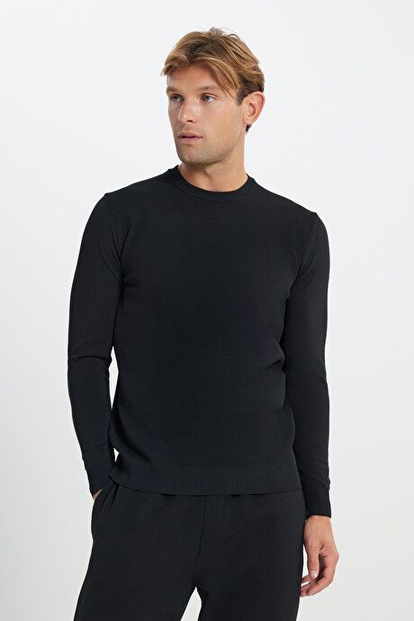 Standard Fit Regular Fit Crew Neck Jacquard Sweater Black Pullover ACE49252510081SYH