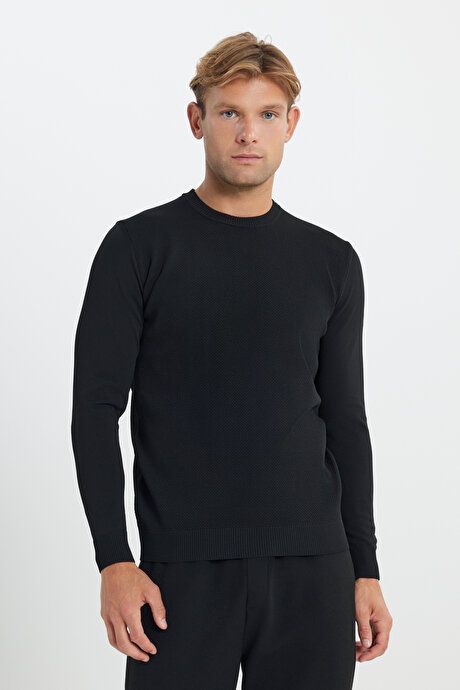 Standard Fit Regular Fit Crew Neck Jacquard Sweater Black Pullover ACE49252510081SYH