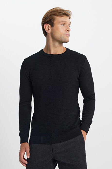 Cotton Standard Fit Regular Fit Crew Neck Jacquard Sweater Black Pullover ACE49252510194SYH