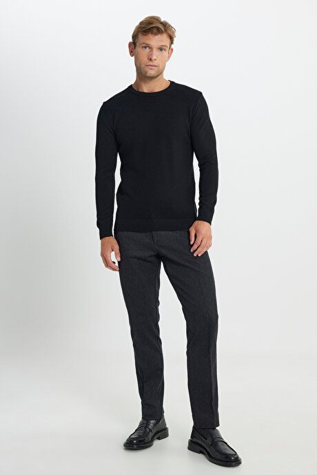 Cotton Standard Fit Regular Fit Crew Neck Jacquard Sweater Black Pullover ACE49252510194SYH