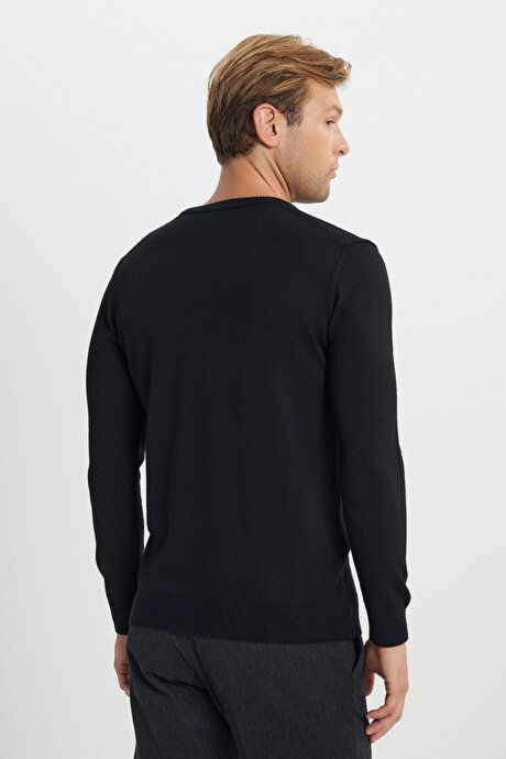 Cotton Standard Fit Regular Fit Crew Neck Jacquard Sweater Black Pullover ACE49252510194SYH