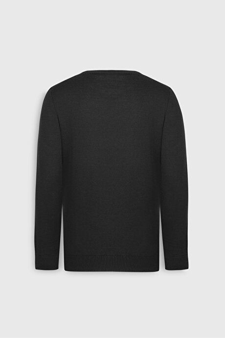 Cotton Standard Fit Regular Fit Crew Neck Jacquard Sweater Black Pullover ACE49252510194SYH