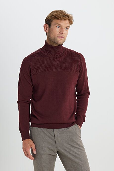 Cotton Standard Fit Regular Fit Full Turtleneck Jacquard Sweater Burgundy Sweater ACE49252510251BRD