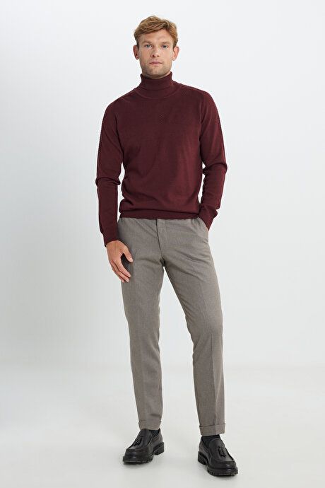 Cotton Standard Fit Regular Fit Full Turtleneck Jacquard Sweater Burgundy Sweater ACE49252510251BRD