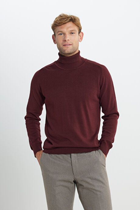 Cotton Standard Fit Regular Fit Full Turtleneck Jacquard Sweater Burgundy Sweater ACE49252510251BRD