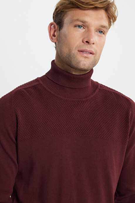 Cotton Standard Fit Regular Fit Full Turtleneck Jacquard Sweater Burgundy Sweater ACE49252510251BRD