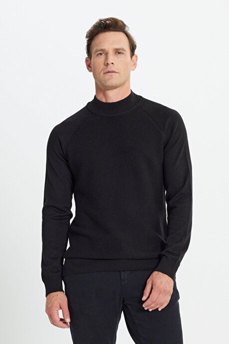 Cotton Standard Fit Regular Fit Half Turtleneck Patterned Sweater Black Pullover ACE49252510256SYH