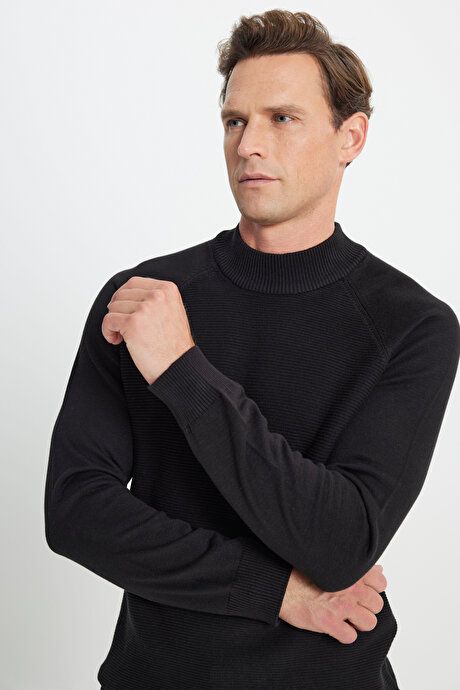 Cotton Standard Fit Regular Fit Half Turtleneck Patterned Sweater Black Pullover ACE49252510256SYH