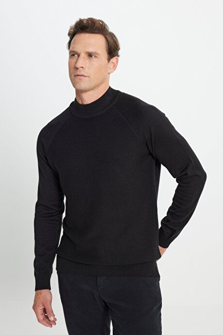 Cotton Standard Fit Regular Fit Half Turtleneck Patterned Sweater Black Pullover ACE49252510256SYH