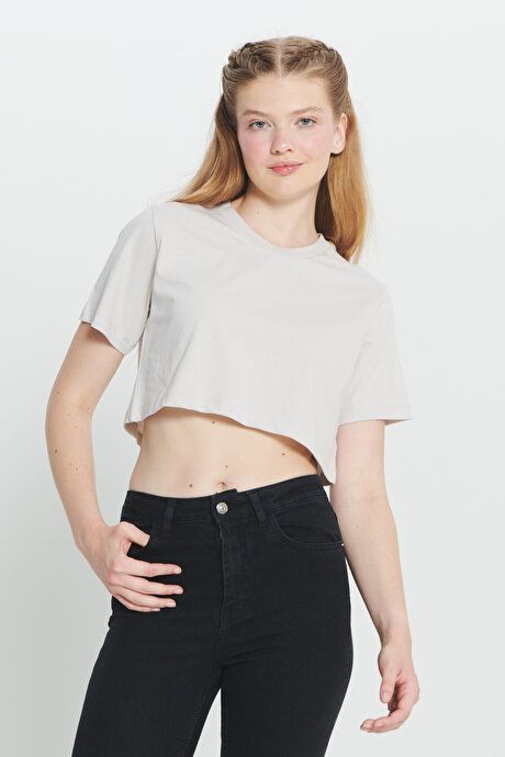 Standard Fit Regular Fit 100% Cotton Crew Neck Crop Stone T-Shirt CCK480000001TAS