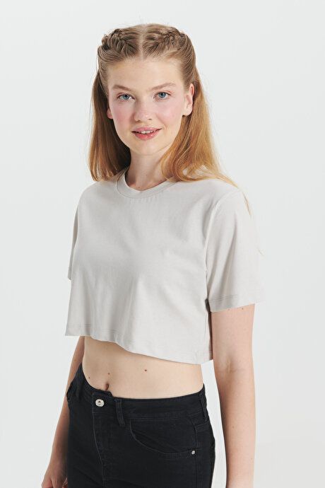 Standard Fit Regular Fit 100% Cotton Crew Neck Crop Stone T-Shirt CCK480000001TAS