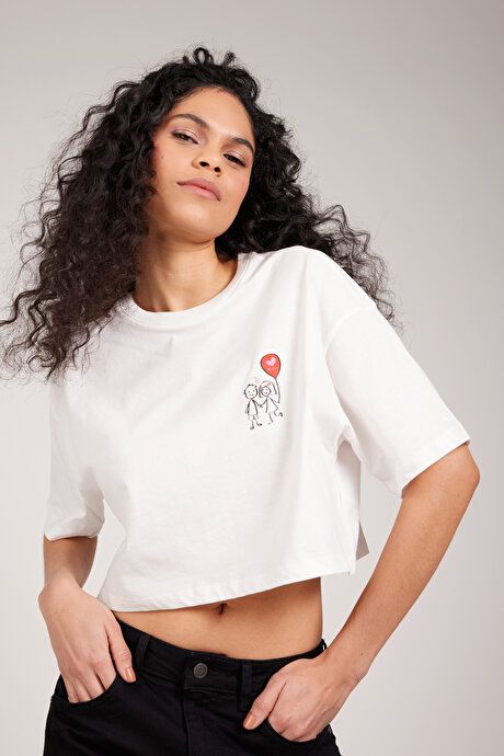 Oversize Fit Loose Fit 100% Cotton Printed Crew Neck Crop White T-Shirt CCK482420020BYZ