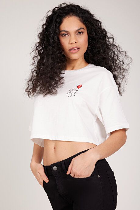 Oversize Fit Loose Fit 100% Cotton Printed Crew Neck Crop White T-Shirt CCK482420020BYZ