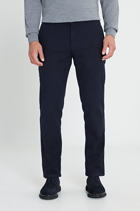 Cotton Comfort Fit Relaxed Cut Dobby Side Pocket Stretchy Casual Navy Blue Trousers COE012510172LAC