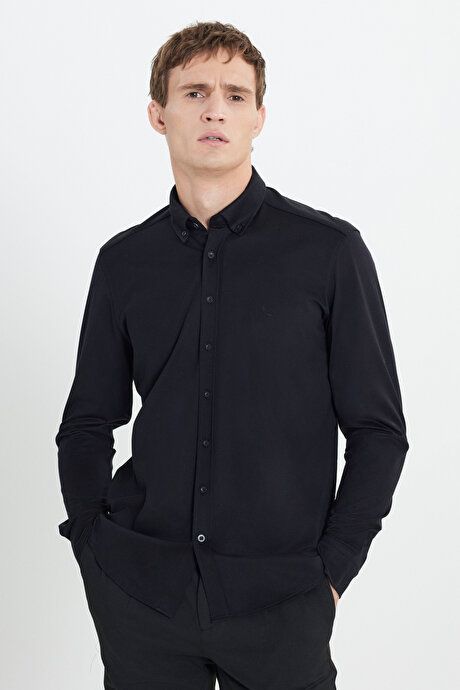 100% Cotton Slim Fit Slim Fit Slim Fit Button Down Collar Knitted Black Shirt COE20252510315SYH