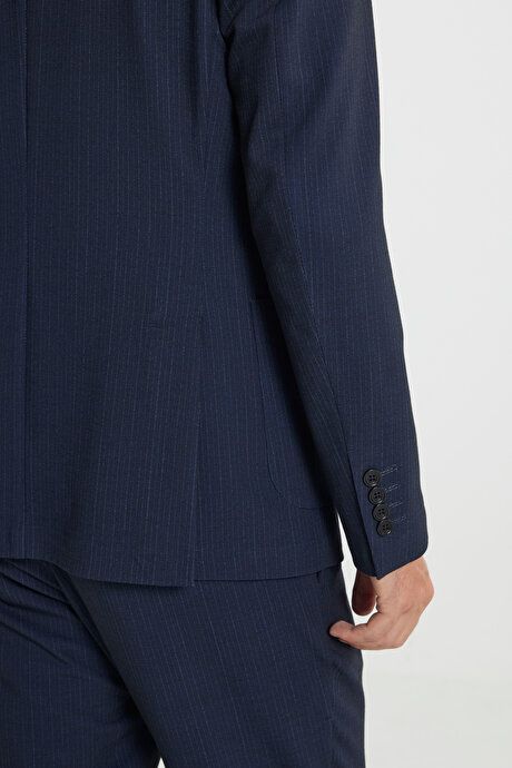 Slim Fit Slim Fit Mono Collar Mono Neck Waist Tie Stripe Navy Blue Suit with Bag Pockets COE302510128LAC