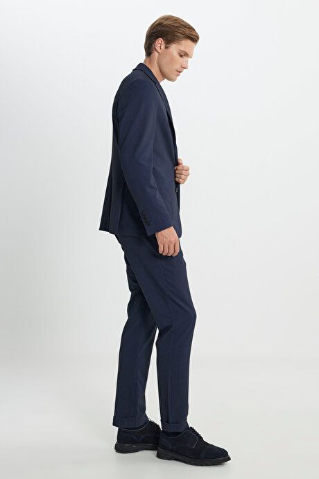 Slim Fit Slim Fit Mono Collar Mono Neck Waist Tie Stripe Navy Blue Suit with Bag Pockets COE302510128LAC