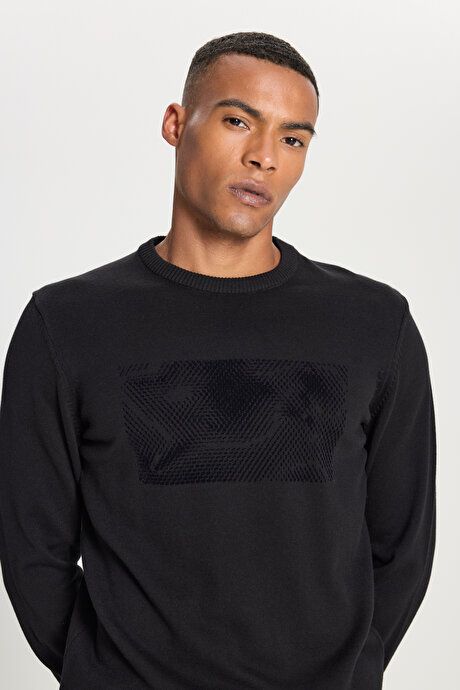 100% Cotton Standard Fit Regular Fit Crew Neck Printed Sweater Black Pullover COE49252510221SYH