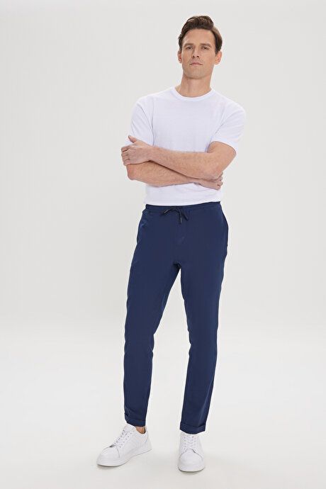 Slim Fit Relaxed Fit Waist Tie Waistband Side Pocket Stretch Jogger Navy Blue Pants ET0100000010LAC