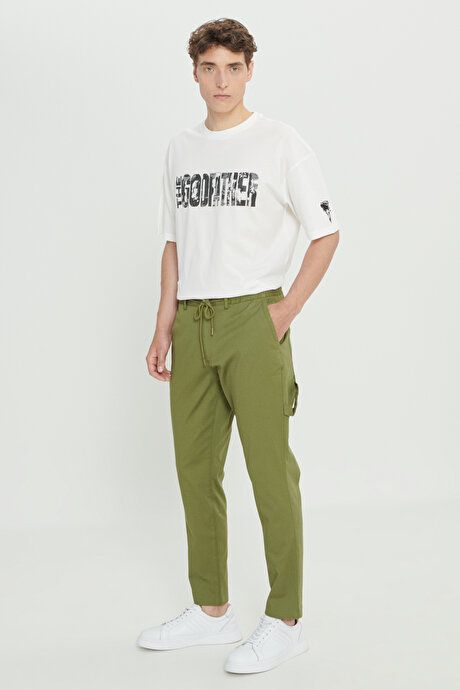 Oversized Loose Fit Cotton Stretch Dobby Side Pocket Khaki Pants with Waist Ties ET0124200026HAK