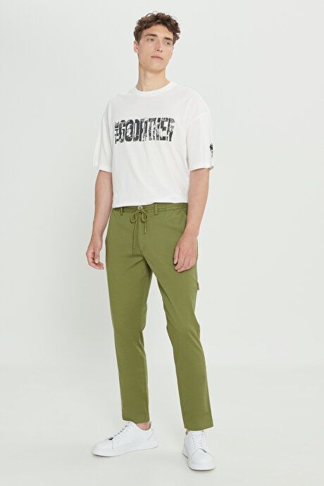 Oversized Loose Fit Cotton Stretch Dobby Side Pocket Khaki Pants with Waist Ties ET0124200026HAK