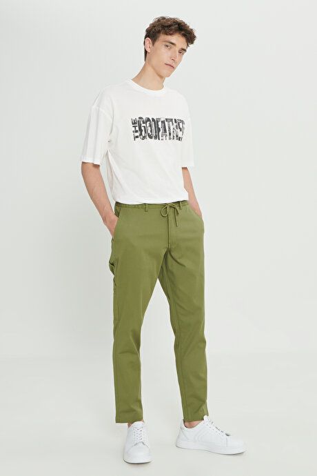 Oversized Loose Fit Cotton Stretch Dobby Side Pocket Khaki Pants with Waist Ties ET0124200026HAK