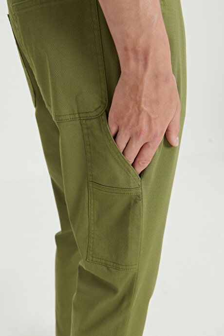 Oversized Loose Fit Cotton Stretch Dobby Side Pocket Khaki Pants with Waist Ties ET0124200026HAK