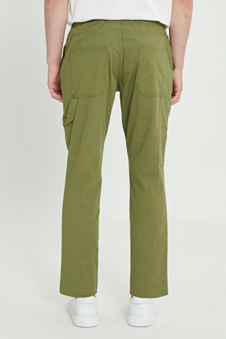 Oversized Loose Fit Cotton Stretch Dobby Side Pocket Khaki Pants with Waist Ties ET0124200026HAK