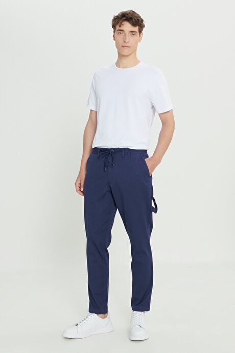 Oversized Loose Fit Waist Ties Cotton Stretch Dobby Navy Blue Pants with Side Pockets ET0124200026LAC