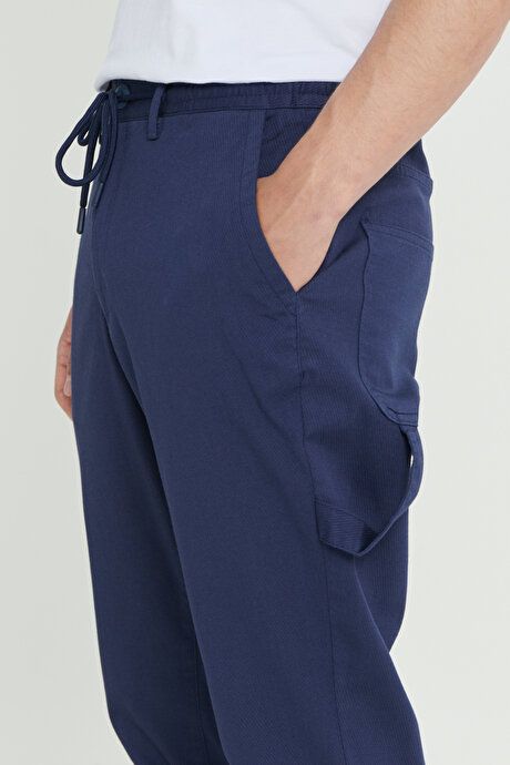 Oversized Loose Fit Waist Ties Cotton Stretch Dobby Navy Blue Pants with Side Pockets ET0124200026LAC