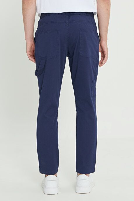 Oversized Loose Fit Waist Ties Cotton Stretch Dobby Navy Blue Pants with Side Pockets ET0124200026LAC