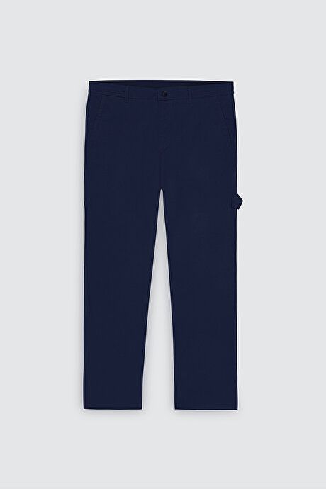 Oversized Loose Fit Waist Ties Cotton Stretch Dobby Navy Blue Pants with Side Pockets ET0124200026LAC