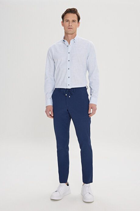 Slim Fit Slim Fit Slim Fit Waist Tie Side Pocket Seersucker Navy Blue Trousers ET0124200027LAC