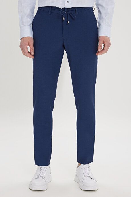 Slim Fit Slim Fit Slim Fit Waist Tie Side Pocket Seersucker Navy Blue Trousers ET0124200027LAC