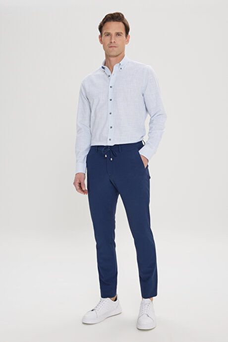 Slim Fit Slim Fit Slim Fit Waist Tie Side Pocket Seersucker Navy Blue Trousers ET0124200027LAC