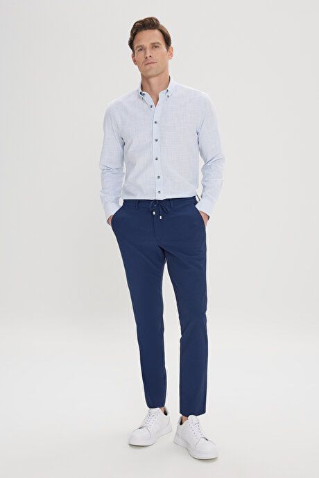 Slim Fit Slim Fit Slim Fit Waist Tie Side Pocket Seersucker Navy Blue Trousers ET0124200027LAC